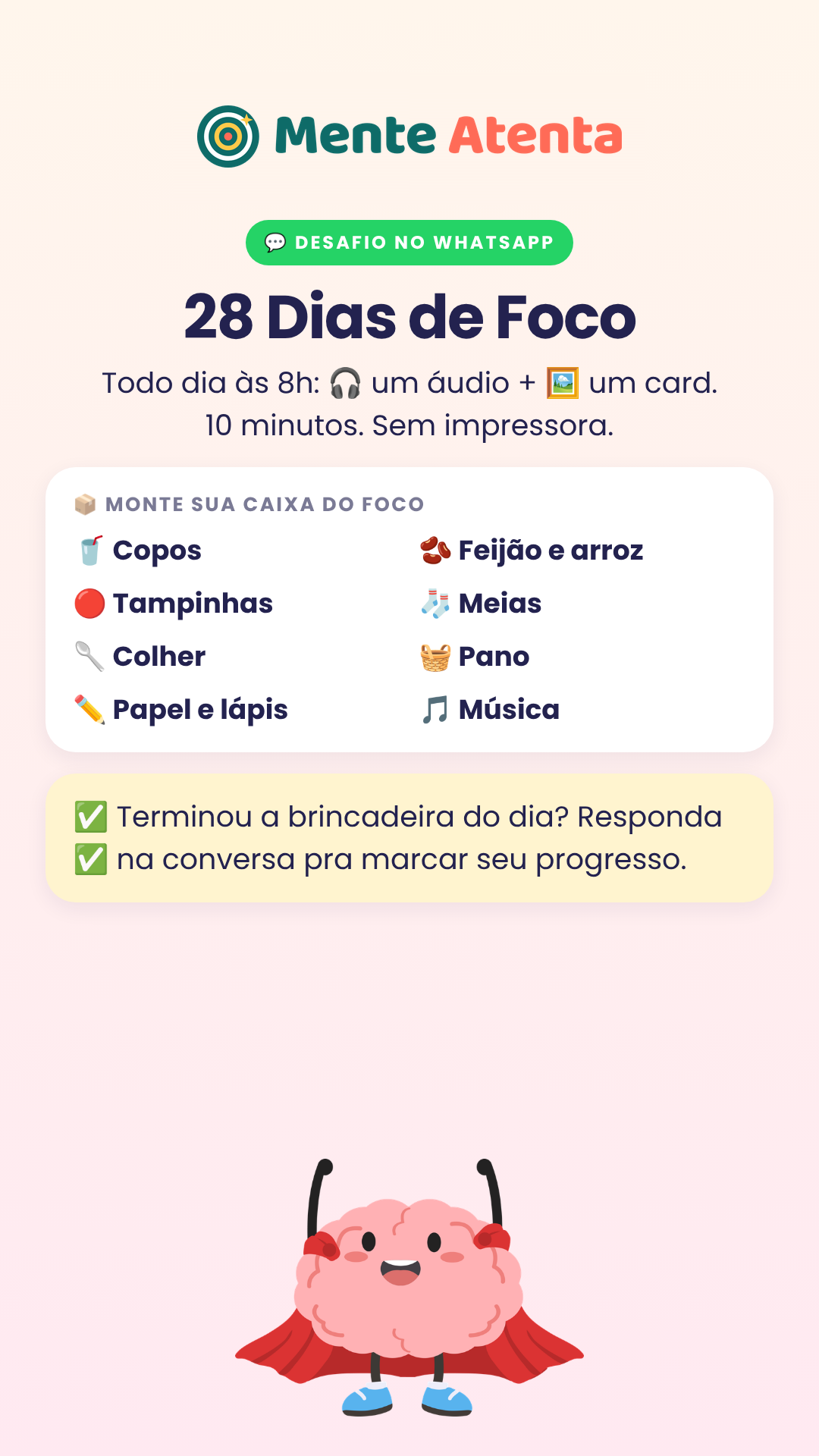 Card de boas-vindas do Desafio Mente Atenta 28 Dias no WhatsApp