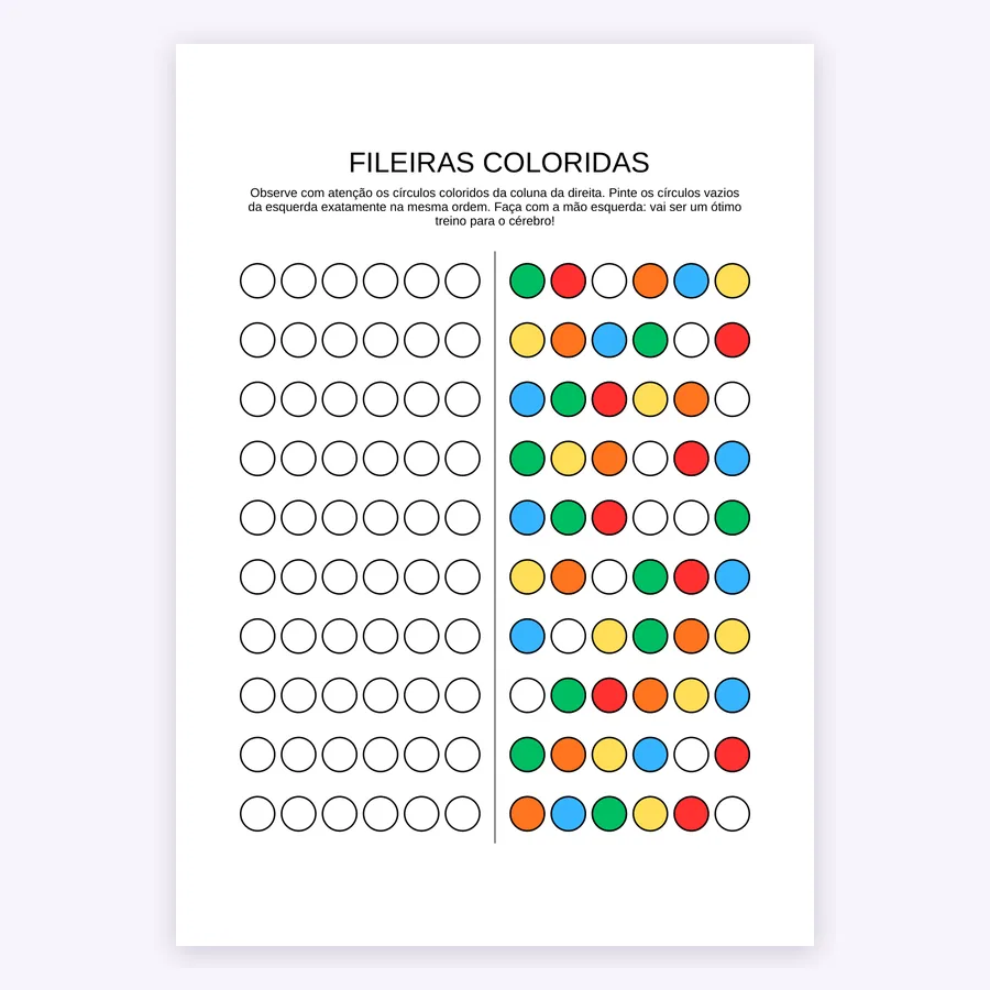 Atividade “Fileiras coloridas”, de copiar o padrão de cores
