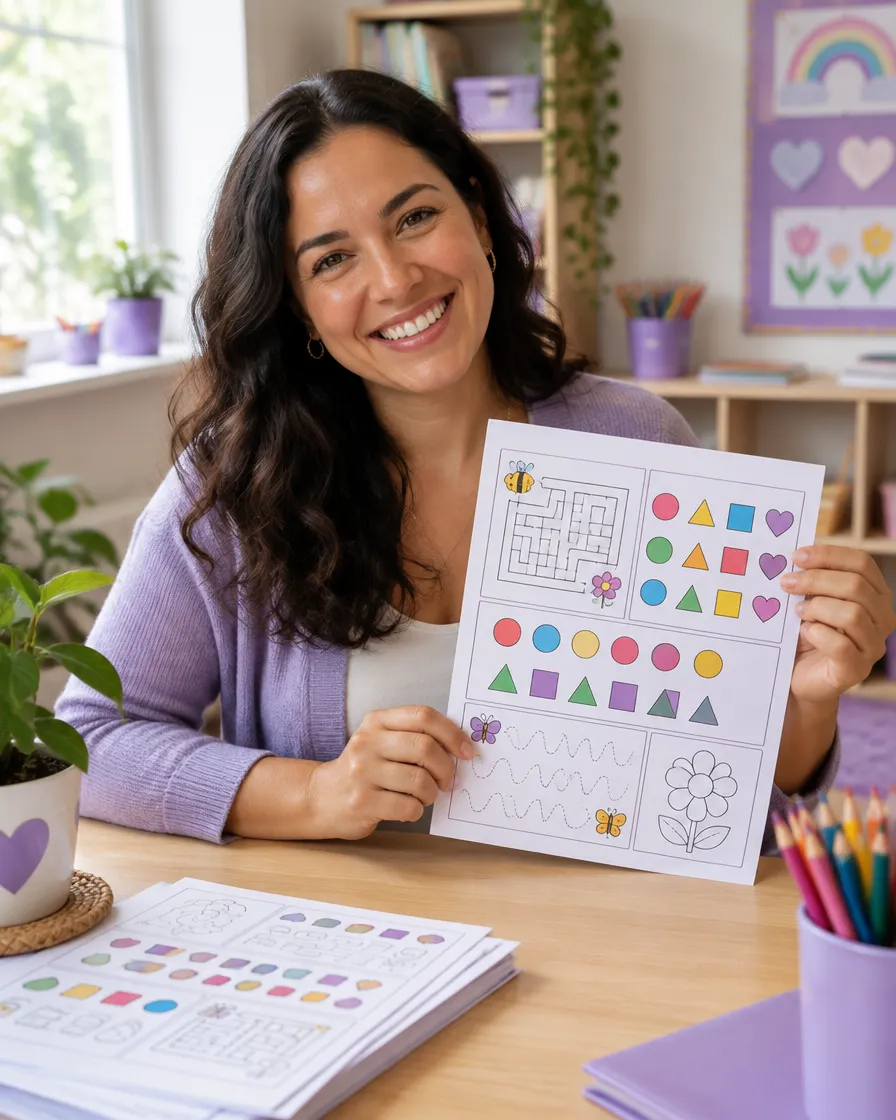 Professora sorrindo e mostrando uma folha de atividades impressa